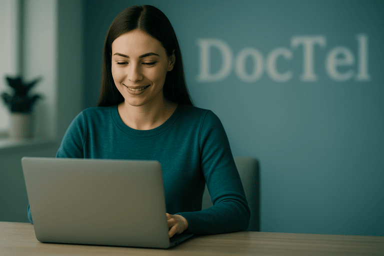 Woman using a laptop during an online telehealth consultation, with the blurred DocTel logo in the background.