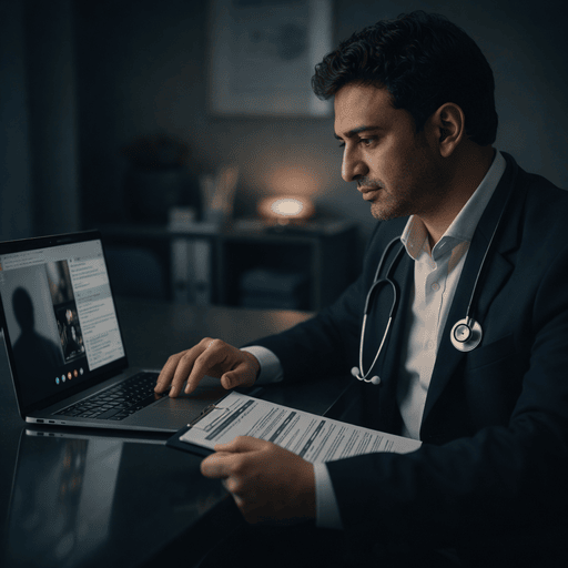 Australian doctor conducting a telehealth consultation and reviewing patient records in a modern clinical setting