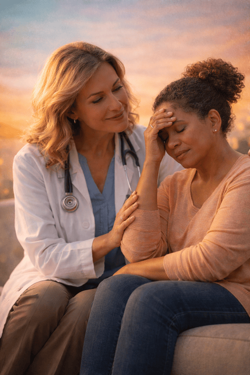 Compassionate female doctor offering emotional support to a middle-aged woman experiencing menopause symptoms, in a warm, calming setting.