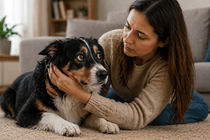 Concerned pet owner gently comforting an anxious dog at home, representing pet behaviour and anxiety issues