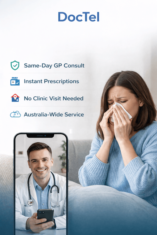 DocTel online GP consultation for sinus infection in Australia, showing a woman with sinus symptoms and a doctor on video call, highlighting same-day consults, instant prescriptions, no clinic visit, and nationwide access.