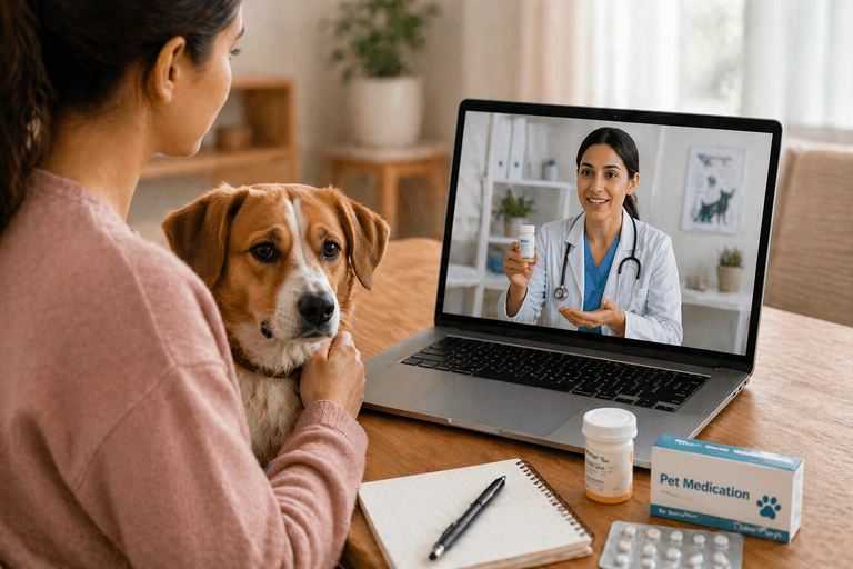 Pet owner holding a dog while consulting a veterinarian via video call on a laptop, with medication visible, representing online treatment and prescriptions when clinically appropriate