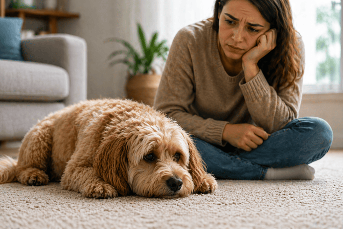 Concerned pet owner sitting on the floor next to a lethargic dog lying on a rug, suggesting possible vomiting or diarrhoea illness at home