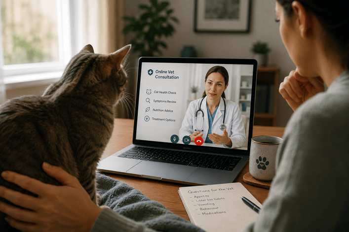 Cat online vet Concerned pet owner gently comforting an anxious dog at home, representing pet behaviour and anxiety issues