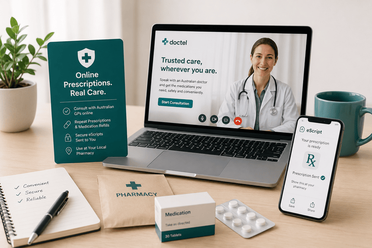 Online prescription refill telehealth consultation in Australia showing secure eScript services, repeat prescriptions online, GP telehealth consultation, online medication renewal, prescription refill service, Australian online doctor consultation, electronic prescription delivery, pharmacy dispensing, repeat script consultation, medication management, online prescriptions Australia, and secure healthcare telehealth support.
