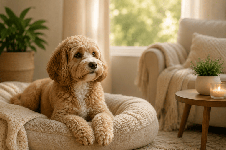 A dog sitting on dog bed very relax