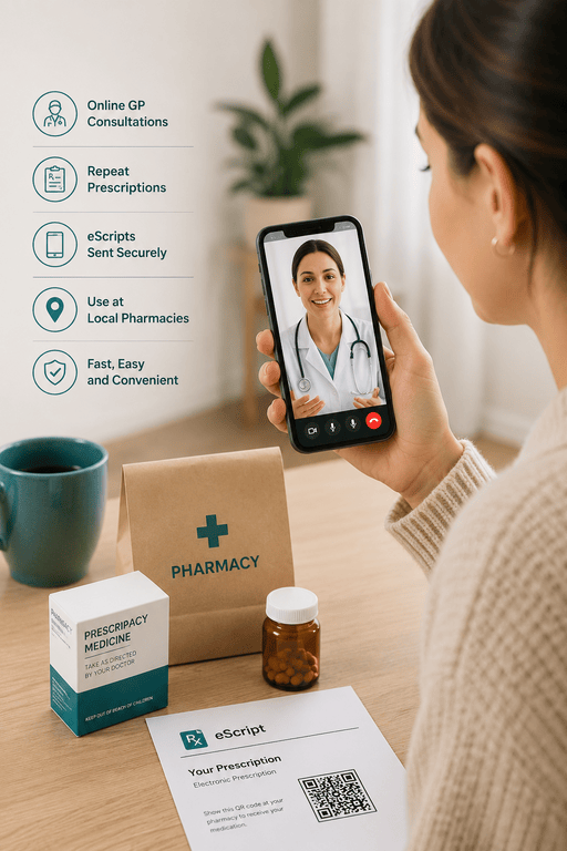 Online prescription refill Australia telehealth service with eScript prescription, repeat prescriptions online, Australian GP telehealth consultation, online doctor prescription renewal, medication refill service, secure online prescriptions, pharmacy medication dispensing, repeat script telehealth consultation, electronic prescription Australia, chronic medication management, menopause prescription refill, migraine medication refill, and fast online GP prescription support Australia-wide.